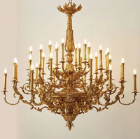 Lámpara de Techo de Lujo con Colgante de Cobre Dorado, Gran Araña de Latón Antiguo, Estilo Candelabro, para Villa Francesa, Hogar y Villa de Mediados de Siglo