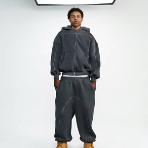OEM/ODM Custom Logo Men Heavyweight 450GSM Cotton Contrast Stitching Hoodie and Sweatpants <b>Set</b> Oversized Mineral Wash Tracksuit - Product Image 2