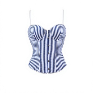 Women's Blue White Striped <b>Corset</b> Camisole With Buttons Thin Shoulder Straps <b>Shapewear</b> Top - Product Image 2
