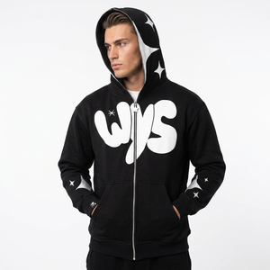 Sweat à capuche zippé intégral pour homme en molleton de coton, effet délavé, imprimé en relief, haute qualité, très demandé - Product Image 1