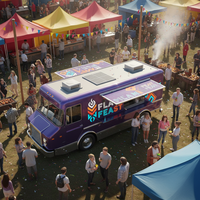 Promotion : Camionnette Rouge Entièrement Équipée pour Cuisine Mobile, Camion de Restauration pour la Vente de Burgers en Ambiance Urbaine