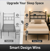 Mattschwarzes Metall-Plattformbettgestell in Doppelbettgröße mit LED-Beleuchtung und USB-Ladeanschlüssen für Schlafzimmer und Zuhause