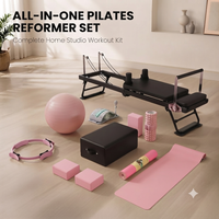 Kit de Pilates tout-en-un portable et réglable avec Reformer pliable, cadre noir, tapis de yoga en TPE, ballon de stabilité et anneau de Pilates pour la maison et le studio