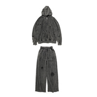 Sweat-shirt à capuche zippé personnalisé Vintage Distressed Sweatsuit Acid Wash Ensemble de pantalons de survêtement à capuche surdimensionnés pour hommes