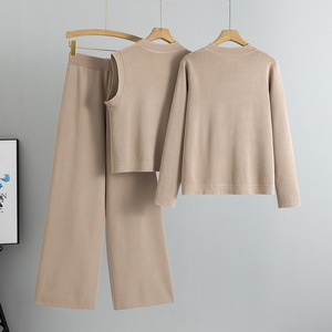 Ensemble pull tricoté pour femme avec pantalon large et gilet cardigan 100 % coton respirant, tenue décontractée printemps-automne - Product Image 2