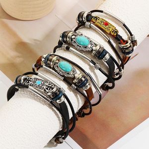 กำไลข้อมือเงินทิเบตสไตล์โบฮีเมียนประดับเทอร์ควอยซ์  โซ่โลหะผสม  สำหรับทั้งชายและหญิง  ของขวัญเครื่องประดับสไตล์โบราณ ชุบเงินโบราณ - Product Image 1