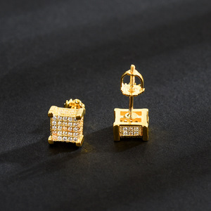 Square Stud Earrings Micro Set Zircon Full Diamond Geometric Cube Design For Men Party Fashion Hip Hop Jewelry - Product Image 2
