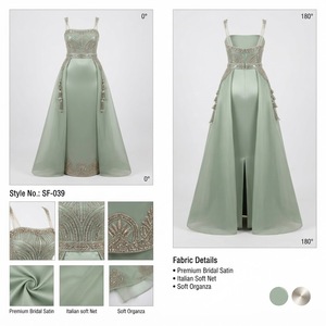 Robe longue moderne en satin vert sauge pour femme avec broderie de cristaux complexes et détails à pampilles, silhouette élégante - Product Image 3