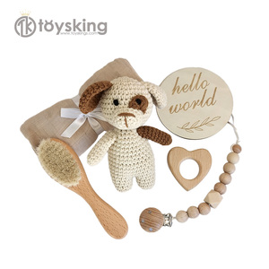 <span class=keywords><strong>Hello</strong></span> World recién nacido Baby Shower juego de regalo hecho a mano hilo ganchillo conejo animales muñeca muselina bambú toalla cepillo chupete baño ficticio - Product Image 6