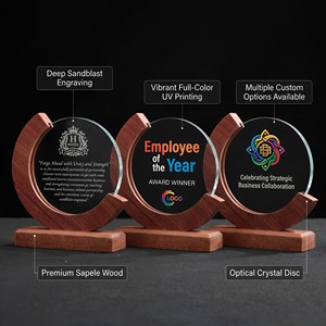 Trofeo Rotondo in Cristallo K9 con Base in Legno Massello, Personalizzabile con Incisione Laser, Premio Ecologico per Riconoscimenti - Product Image 5