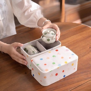 Service à thé Kung Fu rétro en céramique peinte à la main sous glaçure, motif vague et points, avec sac de voyage pratique (un pot, une tasse) - Product Image 2
