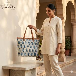 Sac fourre-tout indigo artisanal en coton imprimé au bloc, grand sac à bandoulière bohème pour le quotidien avec poignée en cuir, export en gros Inde - Product Image 3