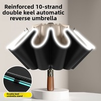 Parapluie réversible automatique à trois plis avec poignée en bois massif, 10 baleines, double armature, pour homme, pliable, noir, avec protection solaire en caoutchouc