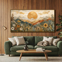 Toile d'art abstraite personnalisée grand format, paysage de montagne au soleil doré, impression de fleurs sauvages bohèmes, art mural rustique encadré style ferme