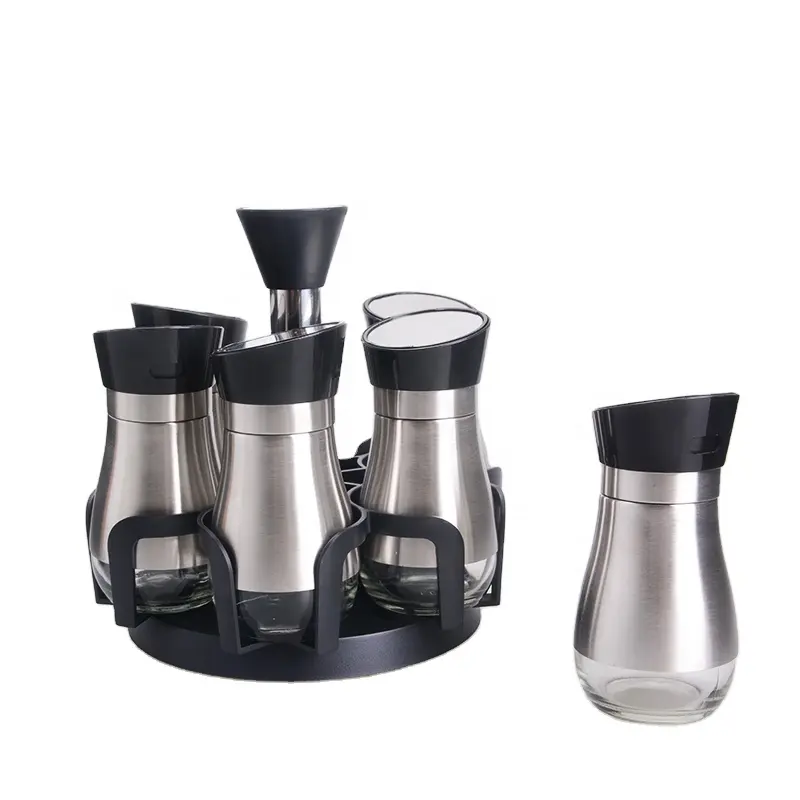6~12 Packaging Glass spice jar rack set with stainless steel casing and plastic revolving rack