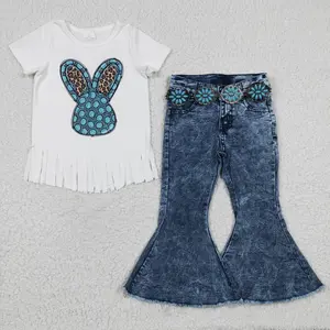 Wholesale supplier 3pcs RTS white shirt baby belt accessories kids jeans clothes set children clothing outfits