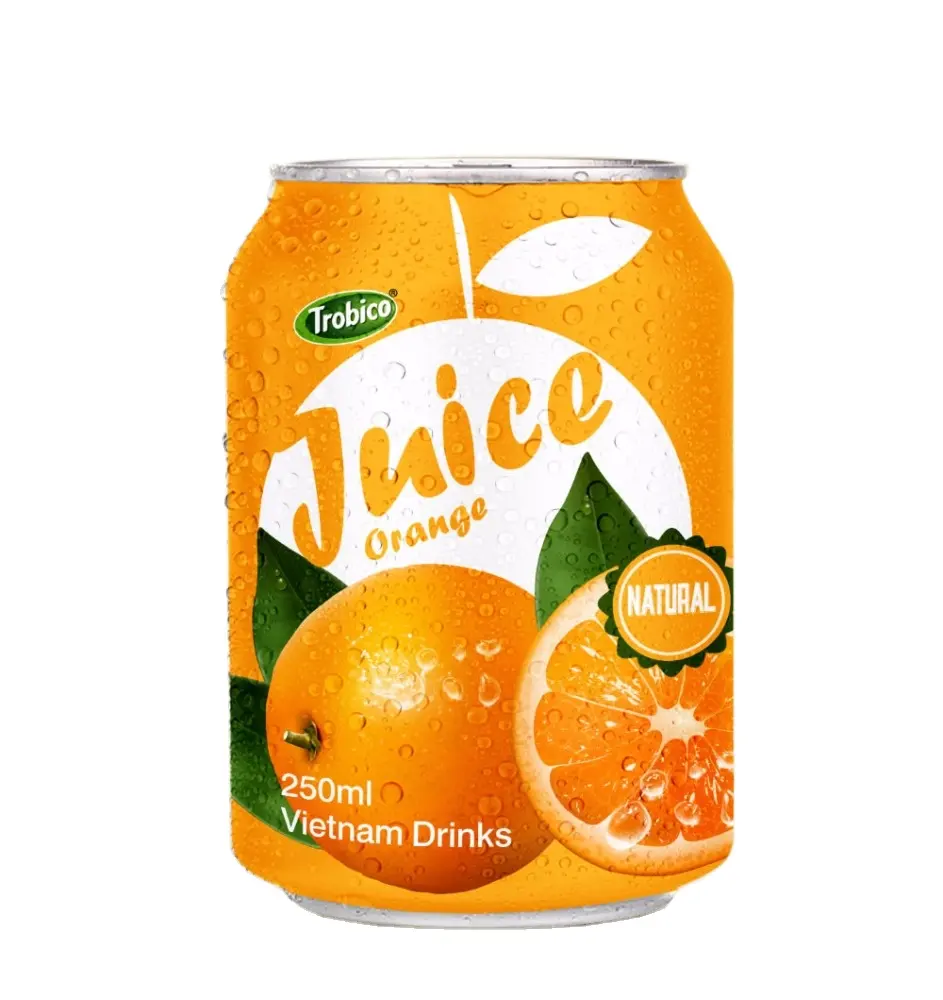 Vietnam Manufacturer with Trobico brand or OEM service in 250ml short can fresh Orange juice drink