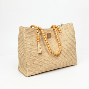 Sac cabas en paille avec poignées en perles de bois et pompon, style bohème, sac de plage d'été - Product Image 2