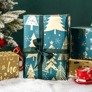 Christmas Wrapping Paper Rolls Green Gold Foil Snowflakes Trees Ho Letters Gift Wrap Set 17x120in 42.5 Sq Ft Recyclable - Product Image 2