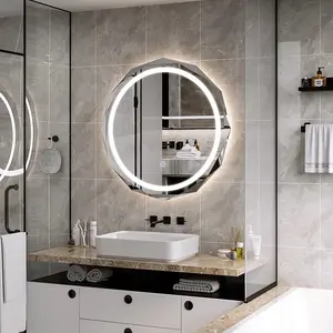 مرآة حمام بيضاوية الحواف مخصصة، مرآة حمام مزودة بإضاءة خلفية مضادة للضباب مع مكبر صوت