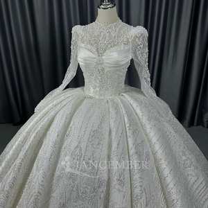 Lscm105 Royal Ivory Sheer Long Sleeve Ball Gown <b>Wedding</b> Dress Heavy Sparkling Floral Embroidery Lace Up Back Jancember - Product Image 3
