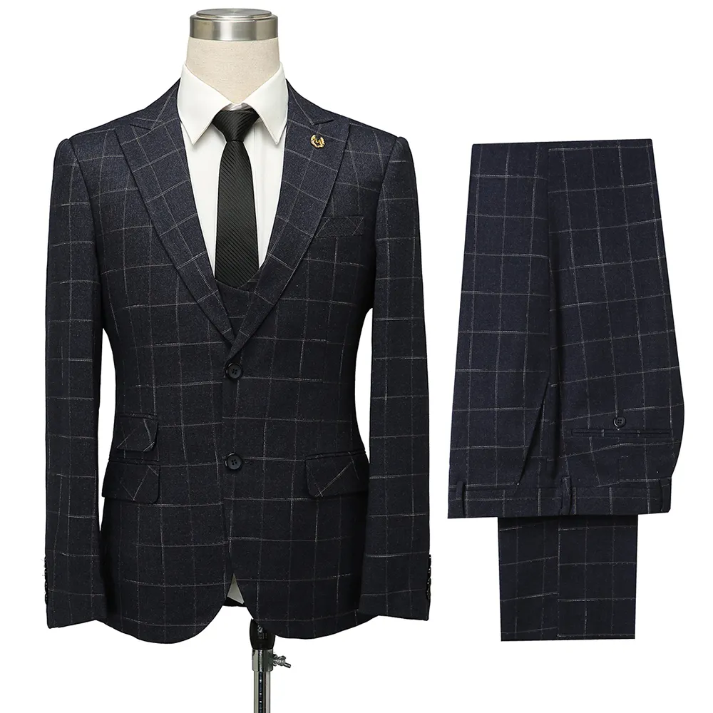 Casual 3 pieces Plaid Black men's suit Slim Fit Man Formal Suits for wedding from Manufacturer Guangzhou In Stock