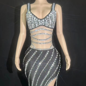 Traje de Baile Largo con Pedrería Brillante para Mujer, Spandex/Poliéster, Sexy, para <span class=keywords><strong>Discoteca</strong></span>, Celebraciones y Actuaciones - Product Image 1