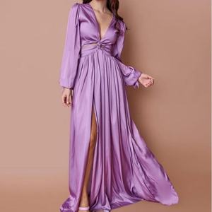 Vestidos de satén 100% poliéster con cuello en V profundo y diseño hueco, elegantes y largos para mujer, venta al por mayor, personalizados de fábrica. - Product Image 1