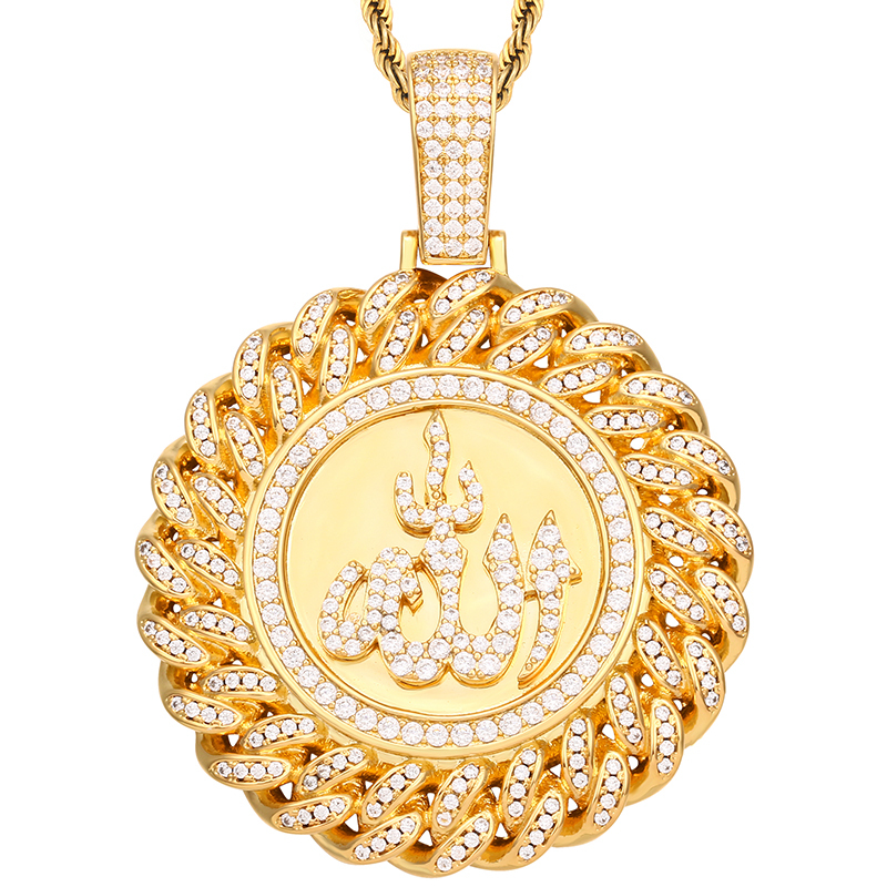Bling Religious Jewelry Islamic Allah Shape Round Cuban Chain Side ...