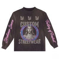 T-shirt Homme Vintage Personnalisé à Coupe Boxy, Poids Lourd, avec Strass, Impression DTG, Effet Vieilli, Délavé au Soleil, Lavage Acide, Manches Longues