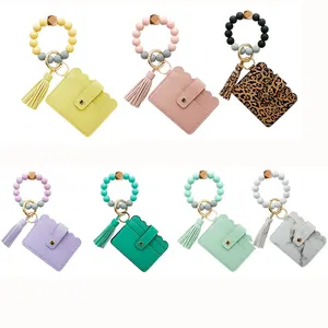 Top Fashion Silicone Beaded Key Ring Bracelet Wristlet Keychain With Card Wallet For Women