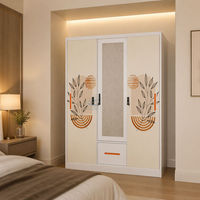 Armoire en acier imprimé motif arche terre cuite 1200 mm avec 2 portes coulissantes, miroir et tiroir, rangement de chambre en métal