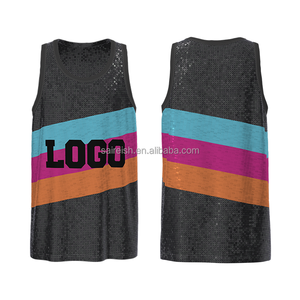 Débardeur décontracté pour femme en jersey 100 % coton, respirant, écologique, à séchage rapide, avec logo frontal, rayures et paillettes noires longues - Product Image 1