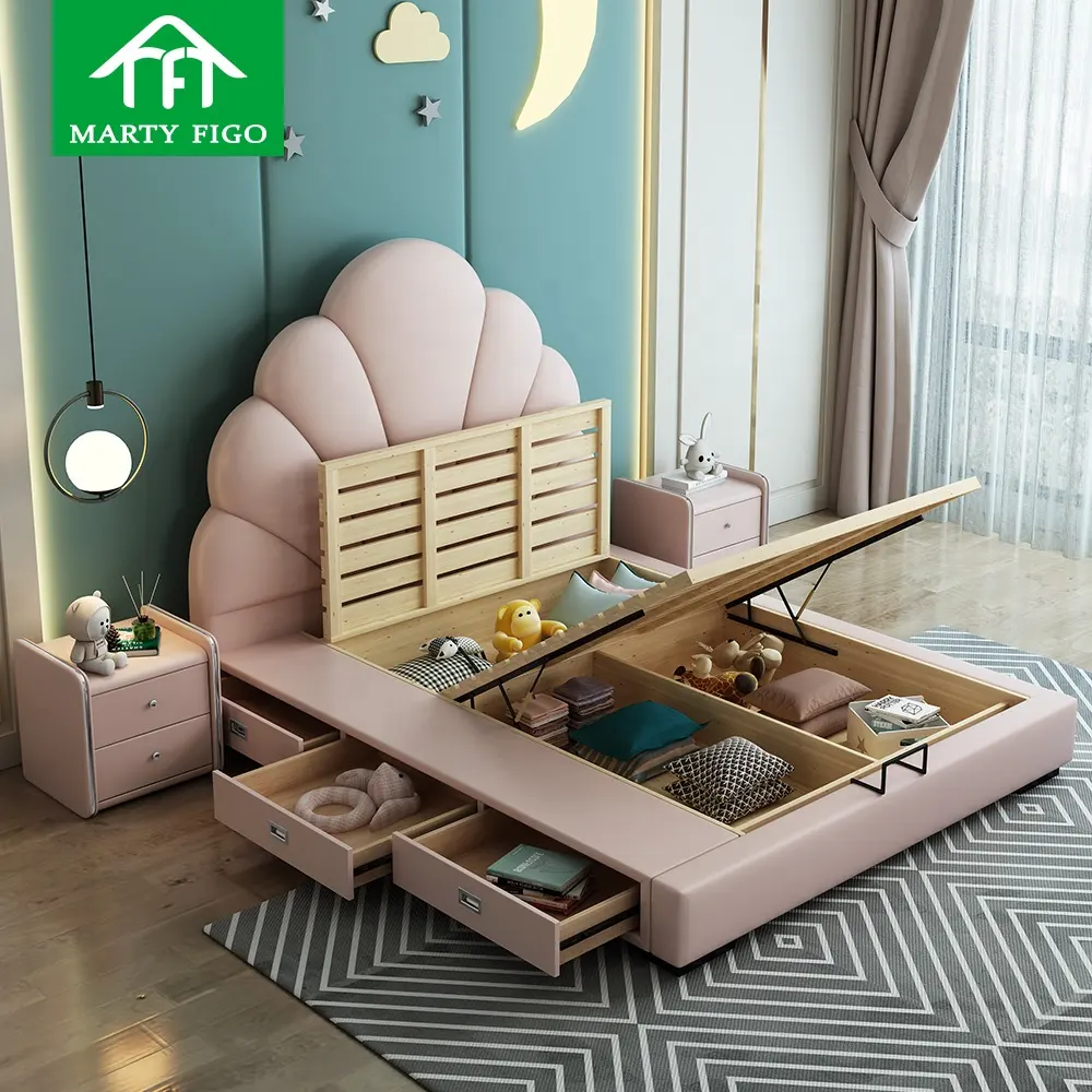 Tiroir de rangement de tête de lit en bois pour enfants, tissu en cuir personnalisé, thème de dessin animé, plate-forme de matelas, cadre en bois rembourré