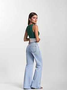 Yüksek kaliteli kadın Denim kot mavi renk rahat sokak giyim şık geniş bacak leopar baskı programı delik detay - Product Image 2