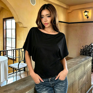 Camiseta de Verano para Mujer, Estilo Gótico Oscuro, con Cuentas, sin Espalda, Manga Corta, Ecológica, para Fiesta, Sexy, con Hombros Descubiertos, Holgada - Product Image 6