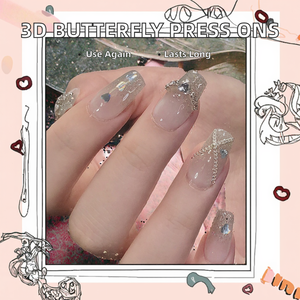 Ongles à presser en acrylique à couverture complète, design carré, avec paillettes <span class=keywords><strong>argent</strong></span>ées, papillons 3D, perles et strass, réutilisables, 24 pièces pour doigts - Product Image 2