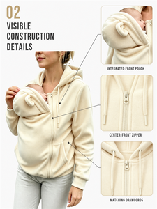 <b>Women's</b> <b>Cream</b> Zip Up Hoodie With Integrated Front Baby Carrier Pocket - Product Image 1