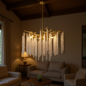 Lampadario a sospensione Clived Es Icabryamza da 24 pollici in ferro dorato con filamenti di cristallo a cascata per soggiorno - Product Image 2