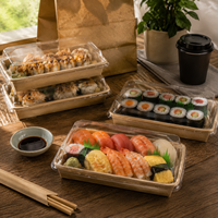 Boîte à sushi en kraft avec couvercle transparent, compartiments séparés en PET, plusieurs tailles, résistante à l'huile et anti-fuite pour aliments chauds et froids