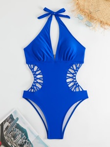 Maillot <span class=keywords><strong>de</strong></span> bain une pièce taille haute couleur unie avec laçage et dos évidé sexy, logo OME personnalisé sur le devant, stock disponible - Product Image 5