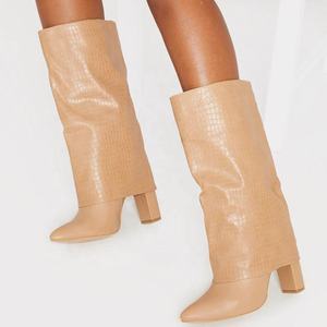 Bottes mi-<span class=keywords><strong>mollet</strong></span> à bout pointu <span class=keywords><strong>pour</strong></span> femme, chaussures à talons épais, Design pliant avec imprimé pierre, grande taille 43 - Product Image 3