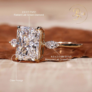 Bague de fiançailles personnalisée en diamant radiant VVS 18 carats cultivé en laboratoire, certifiée IGI, avec pierres latérales en diamant CVD créé en laboratoire, forme marquise, bijoux - Product Image 2