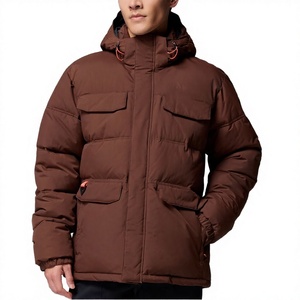 Men's Brown Hooded Puffer Jacket Windproof <b>Thick</b> Polyester <b>Winter</b> <b>Coat</b> With Stand Collar And Multiple Pockets Casual Style - Product Image 1