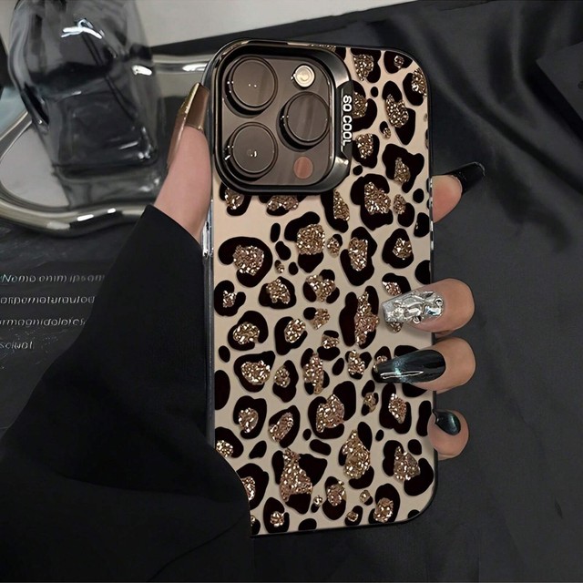 New Luxury Gold Sparkle Pink Black Panther Pattern Phone Case for iphone 17 16 15 14 Pro Max English Large Aperture Lens Cover