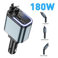 Nouveau chargeur de voiture rétractable 5-en-1 avec LED PD 3.0 180W, double charge rapide Type-C pour ordinateurs portables Android et montres connectées