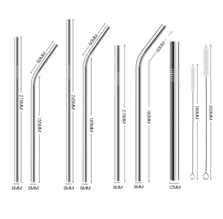 Многоразовые металлические соломинки из нержавеющей стали 304, 6 мм, 8 мм, 12 мм