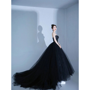Hepburn Style Wedding Dress <b>Black</b> Satin Ball Gown Sweetheart Neckline <b>Basque</b> Waistline Vintage Elegant Banquet Long Dress - Product Image 3