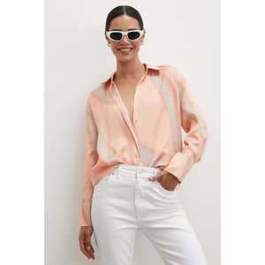 Elegante Camisa de Satén para Mujer, Color Salmón, Cuello en V, Capa Transparente, Estilo Informal - Product Image 3