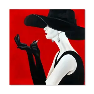 ภาพวาดสีน้ำมันบนผืนผ้าใบของผู้หญิงหมวกสีดำทำด้วยมือของศิลปินภาพผู้หญิงสวยสง่างามบนภาพวาดริมฝีปาก